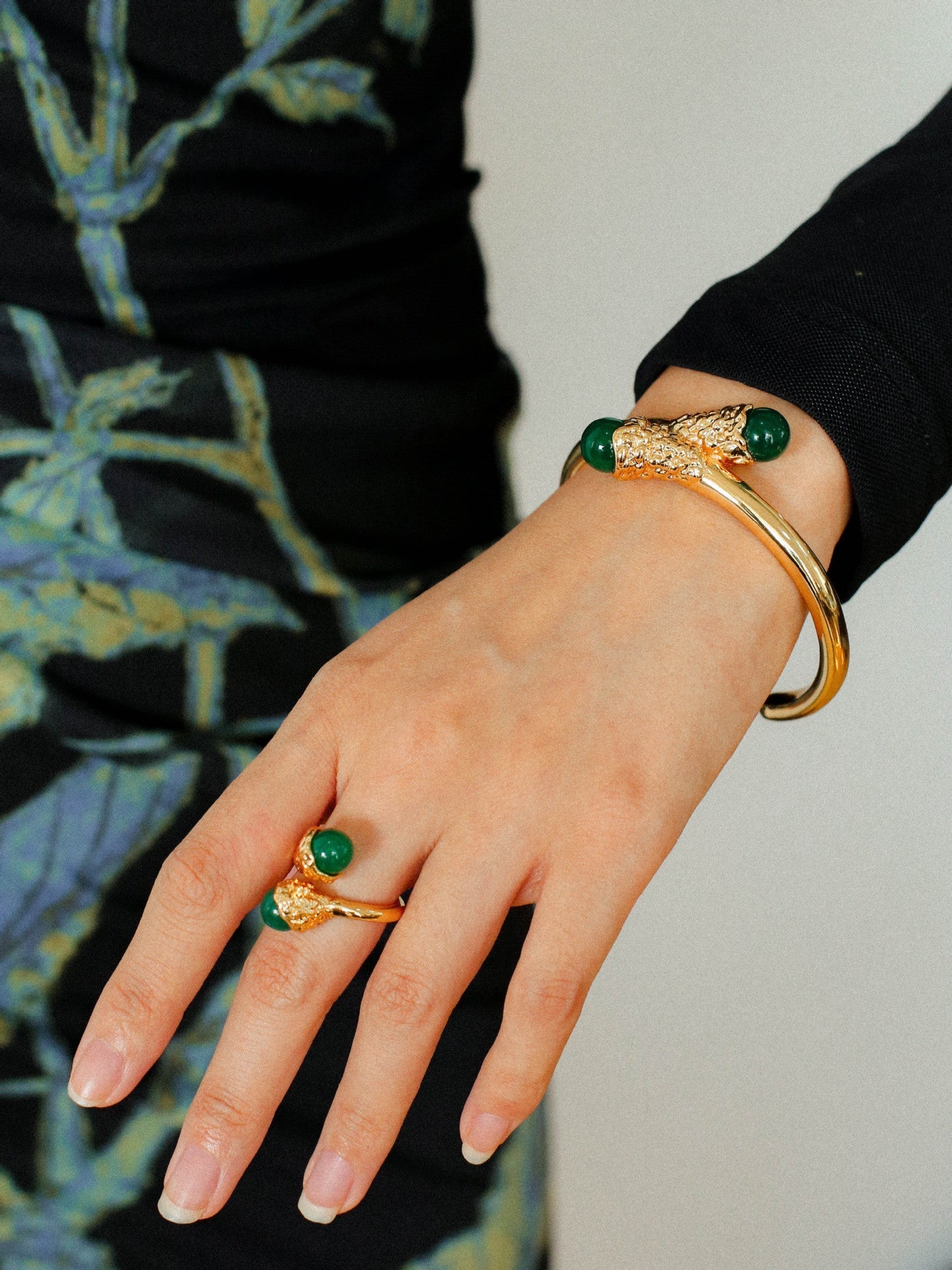 Gilded Bud Green Agate Open Cuff Bracelet-Gembea Jewelry
