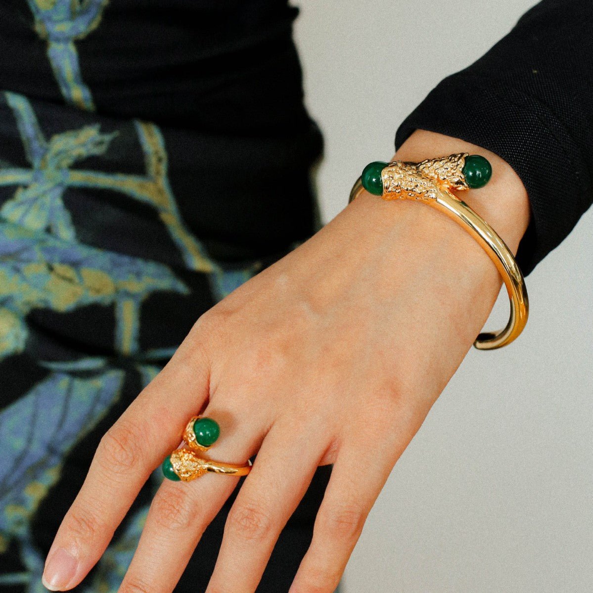 Gilded Bud Green Agate Open Cuff Bracelet-Gembea Jewelry