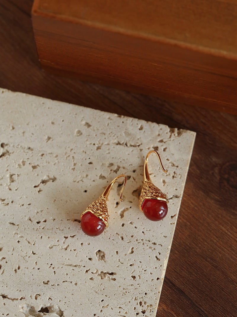Gilded Bud Red Agate Drop Hook Earrings-Gembea Jewelry