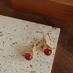 Gilded Bud Red Agate Drop Hook Earrings-Gembea Jewelry