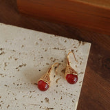 Gilded Bud Red Agate Drop Hook Earrings-Gembea Jewelry