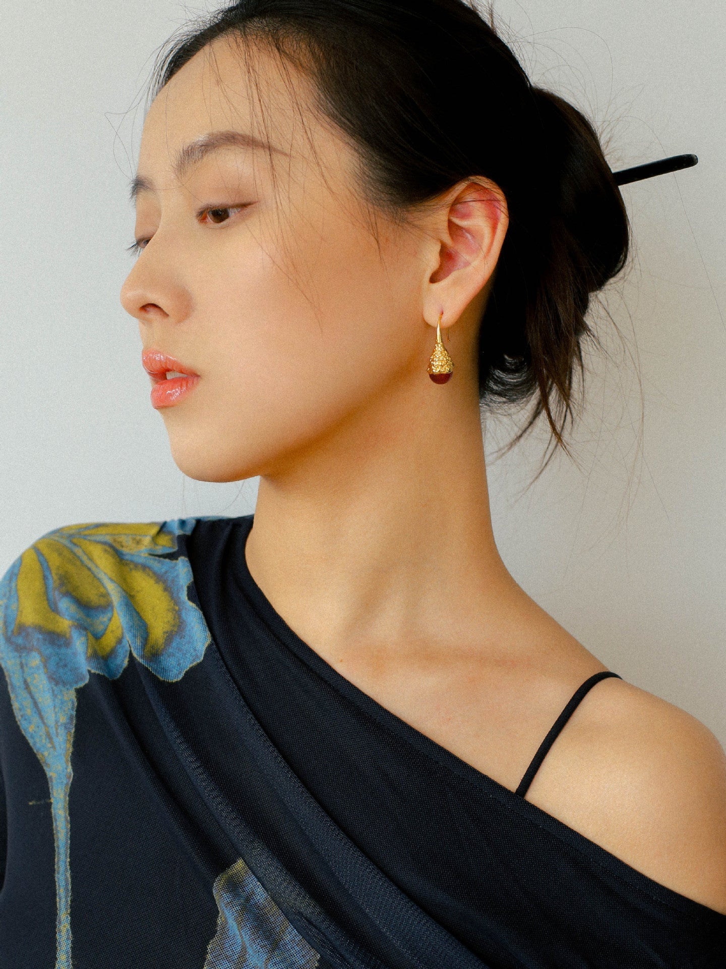 Gilded Bud Red Agate Drop Hook Earrings-Gembea Jewelry