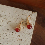 Gilded Bud Red Agate Drop Hook Earrings-Gembea Jewelry