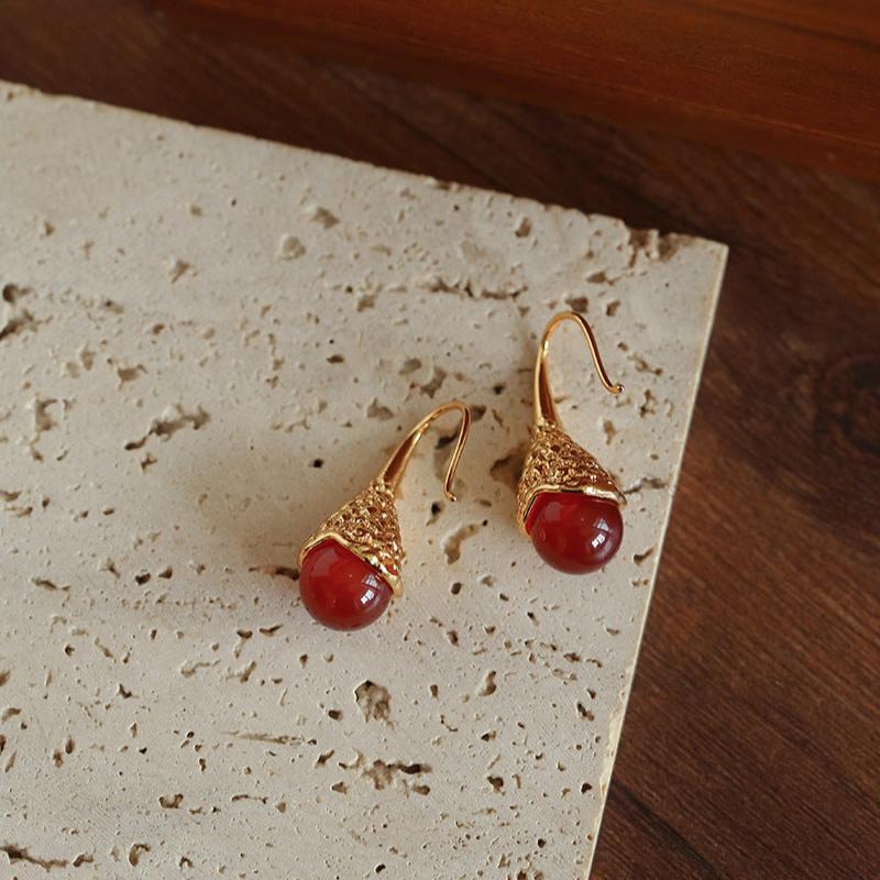 Gilded Bud Red Agate Drop Hook Earrings-Gembea Jewelry