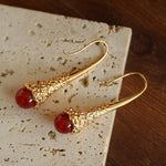Gilded Bud Red Agate Drop Hook Earrings-Gembea Jewelry