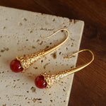 Gilded Bud Red Agate Drop Hook Earrings-Gembea Jewelry