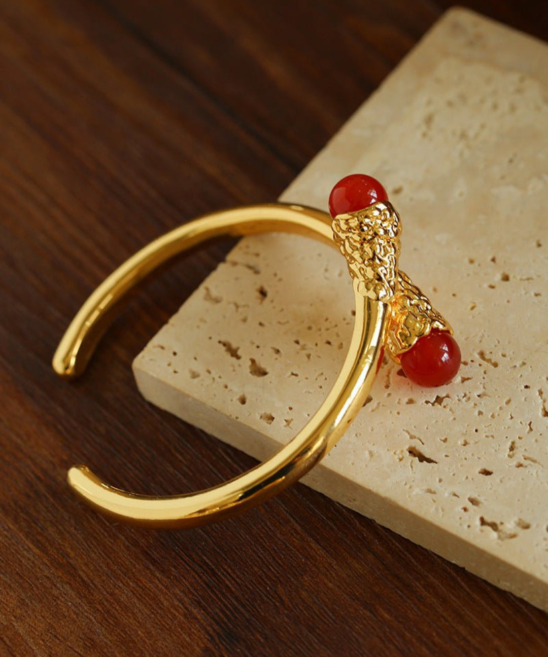 Gilded Bud Red Agate Open Cuff Bracelet-Gembea Jewelry
