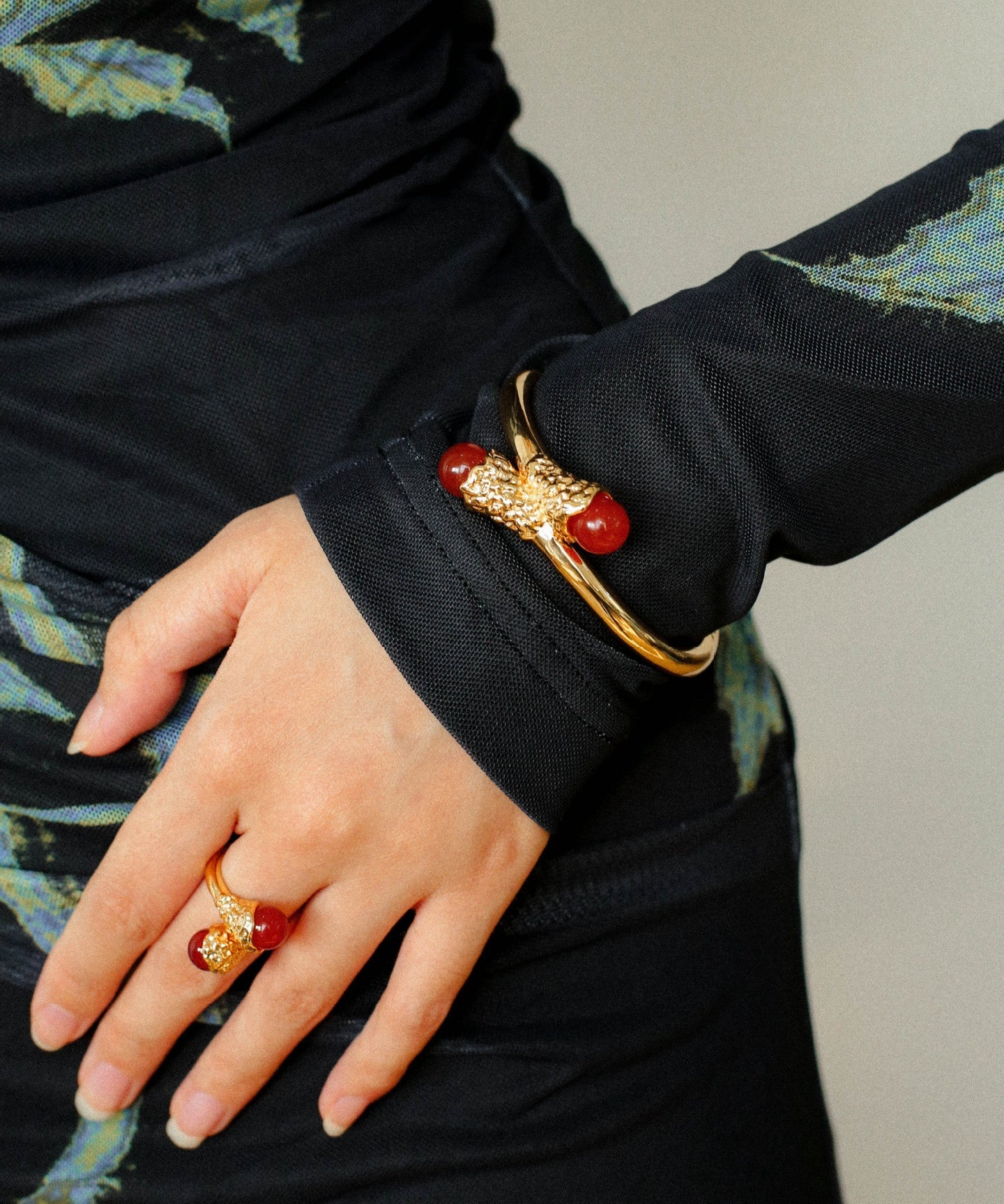 Gilded Bud Red Agate Statement Ring-Gembea Jewelry