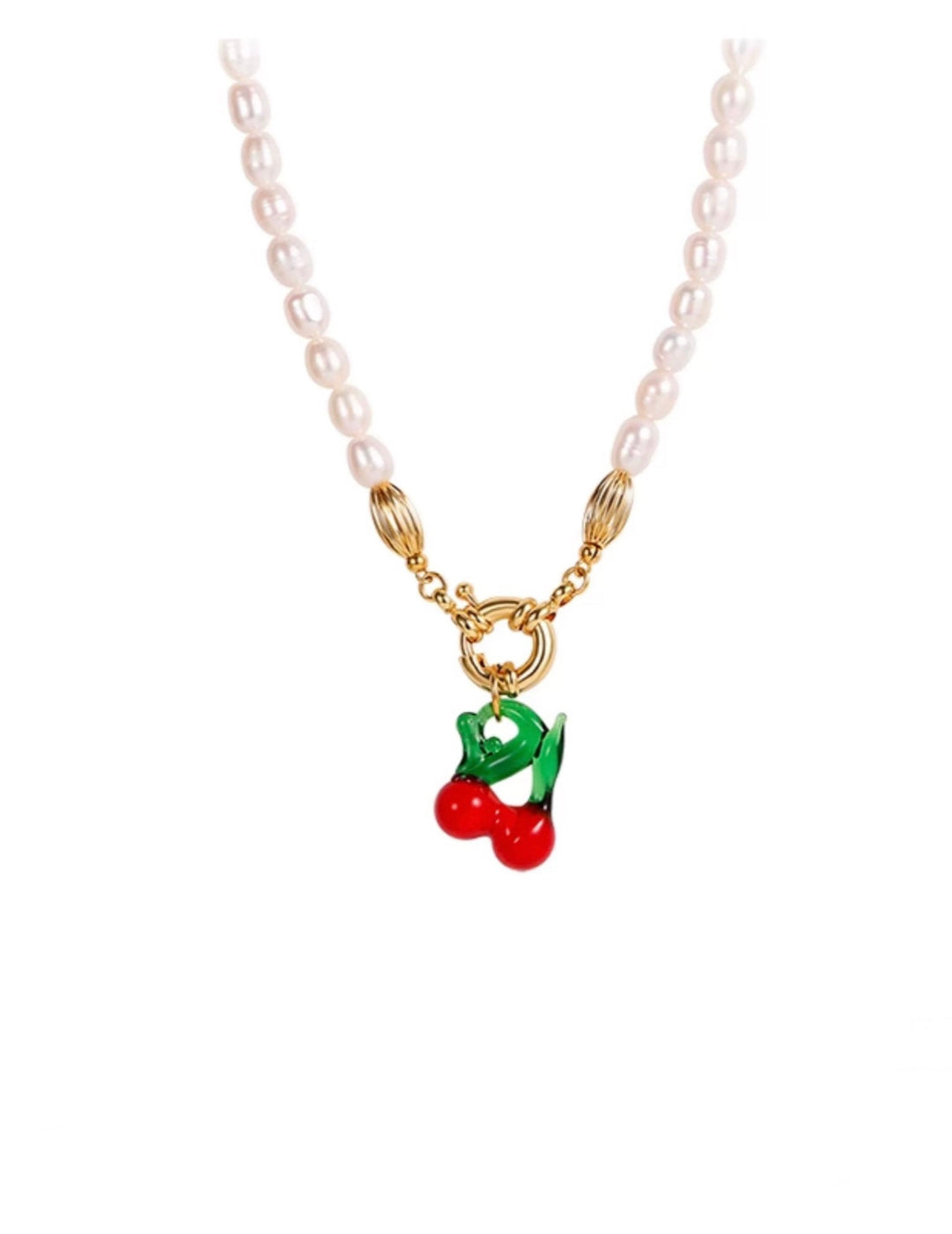 Glazed Cherry Pendant Pearl Necklace gembea jewelry