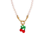 Glazed Cherry Pendant Pearl Necklace gembea jewelry