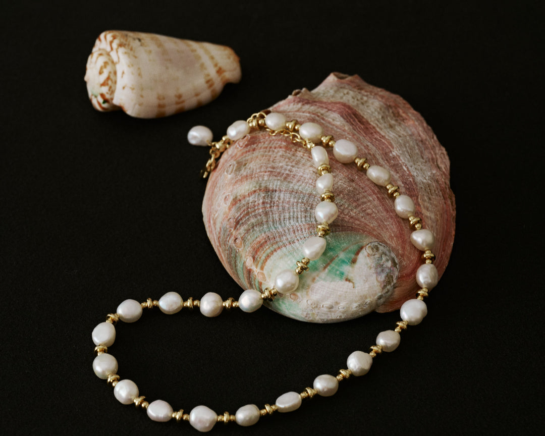 Gold Bean Baroque Pearl Beaded Necklace gembea jewelry