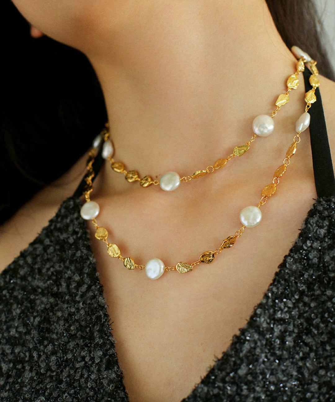 Gold Coin Baroque Pearl Necklace-Gembea Jewelry