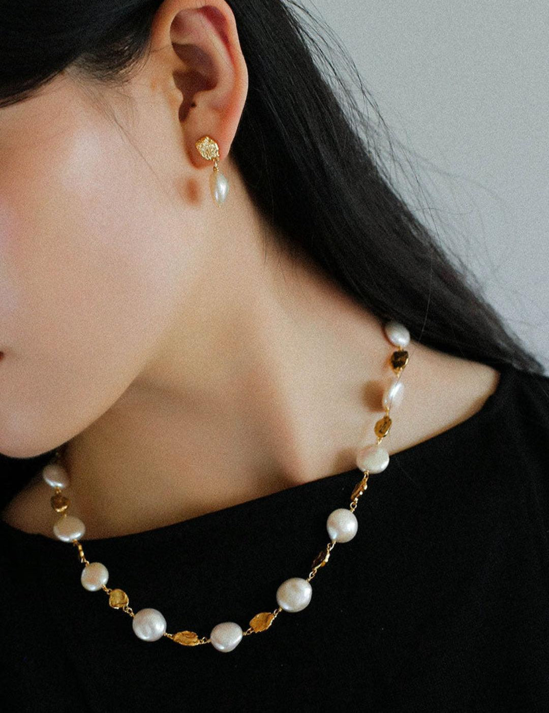 Irregular Gold Coin Button Pearl Earrings - Gembea Jewelry