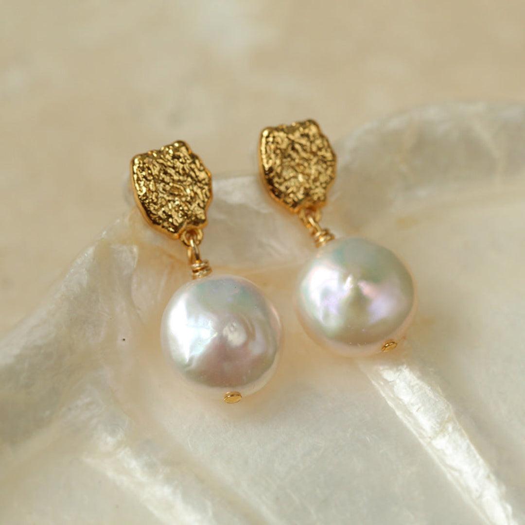 Irregular Gold Coin Button Pearl Earrings - Gembea Jewelry