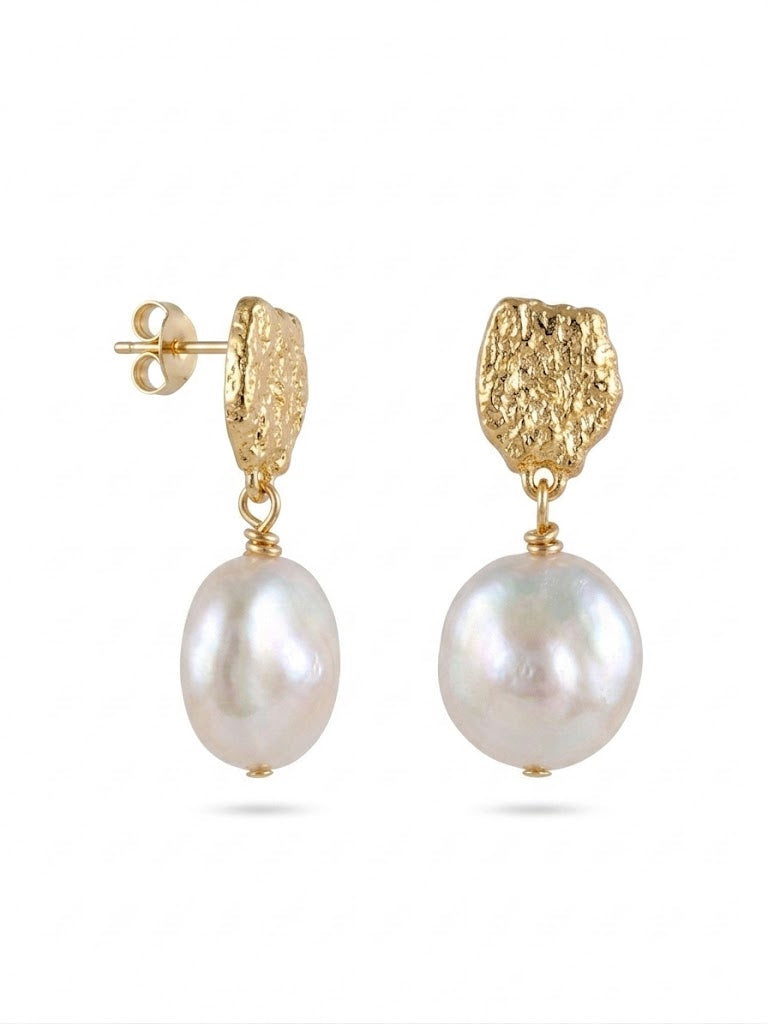 Gold Coin Button Baroque Pearl Drop Earrings gembea jewelry