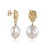 Gold Coin Button Baroque Pearl Drop Earrings gembea jewelry