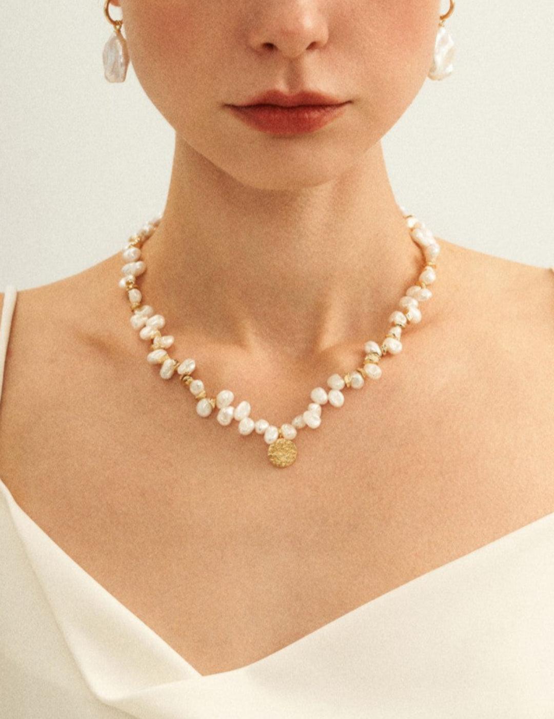 Gold Coin Pendant Baroque Pearl Necklace - Gembea Jewelry