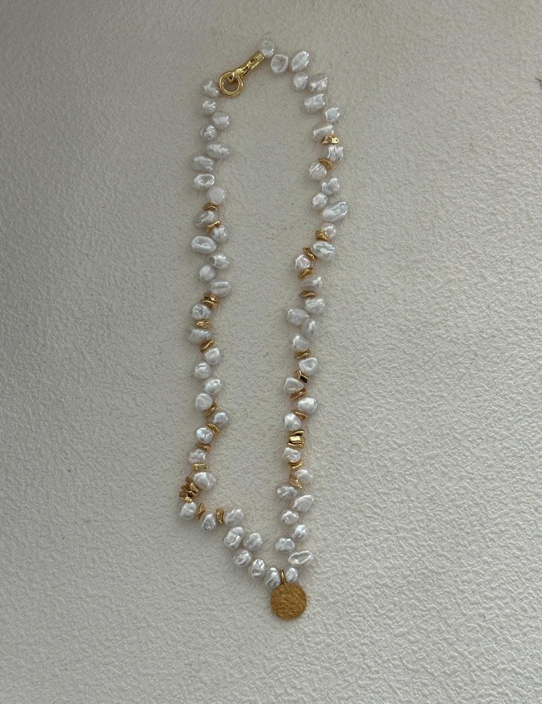 Gold Coin Pendant Baroque Pearl Necklace - Gembea Jewelry