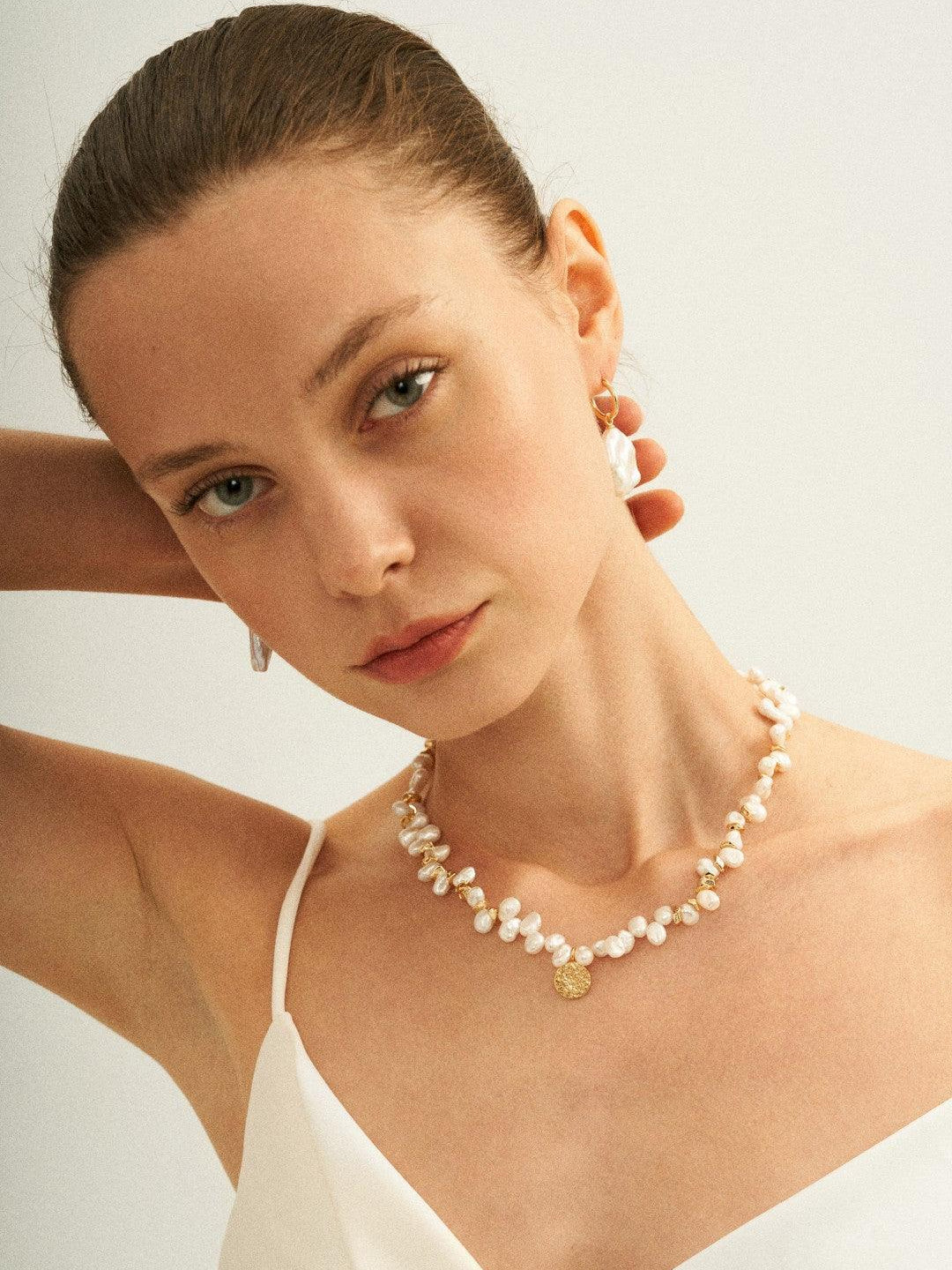 Gold Coin Pendant Baroque Pearl Necklace - Gembea Jewelry