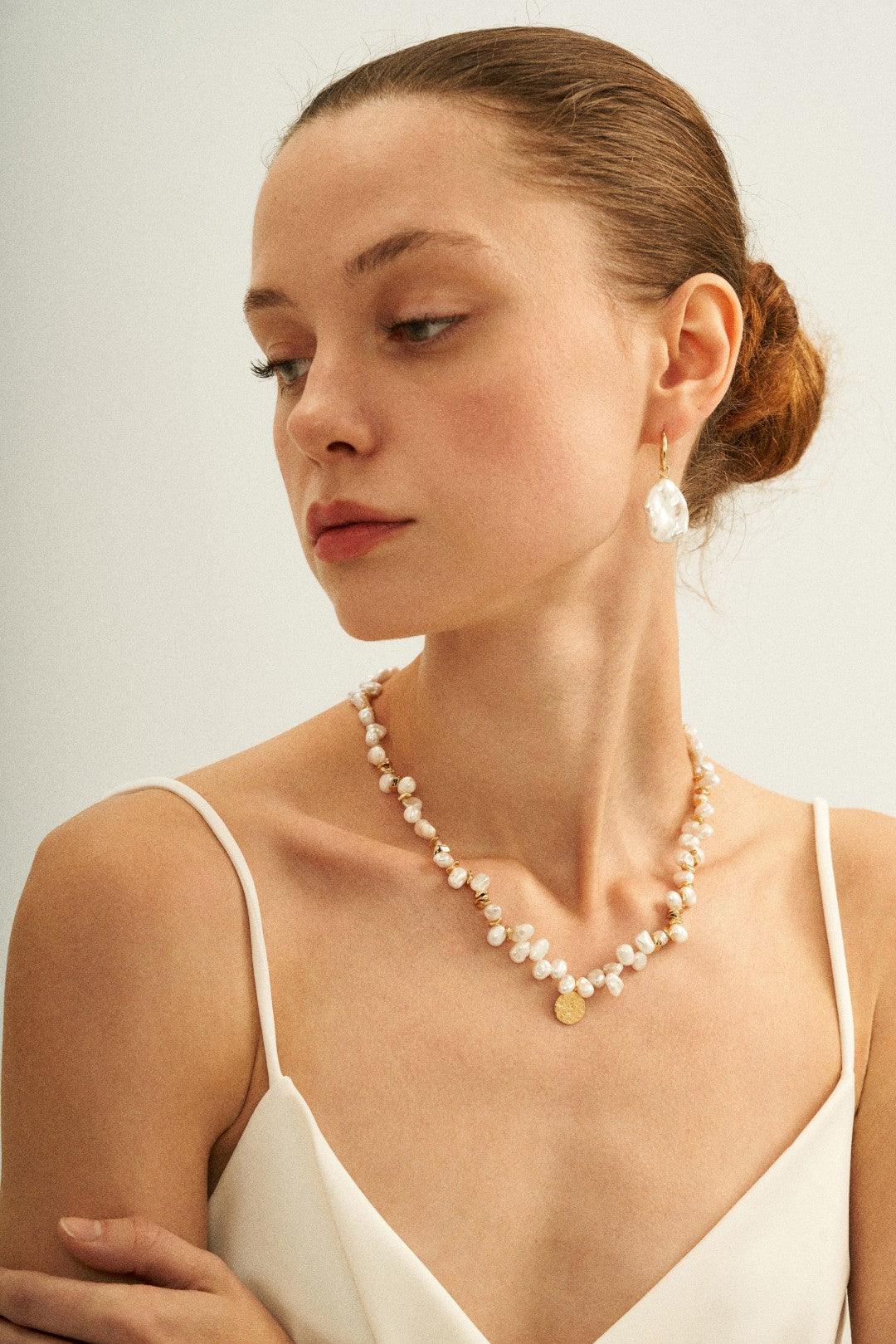 Gold Coin Pendant Baroque Pearl Necklace - Gembea Jewelry