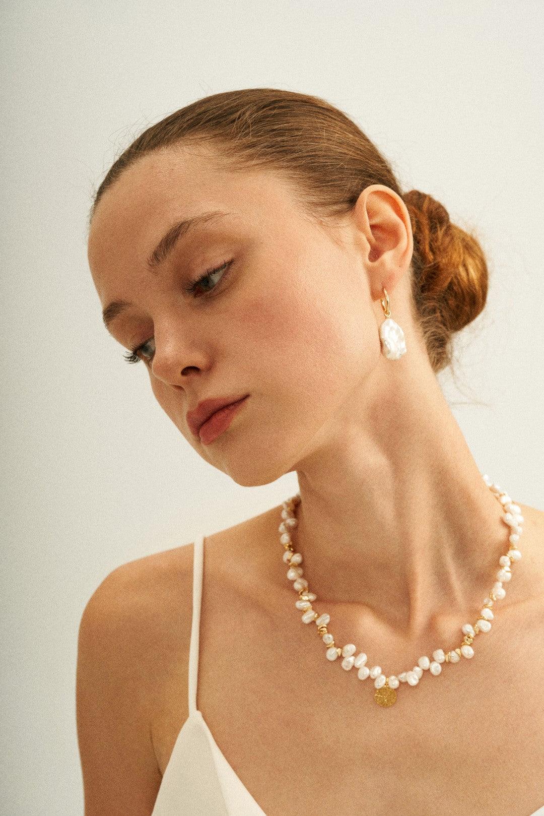 Gold Coin Pendant Baroque Pearl Necklace - Gembea Jewelry