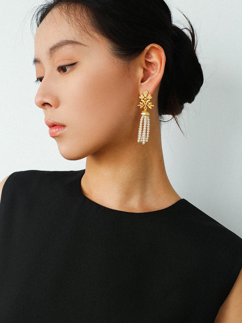Gold Lace Pearl Tassel Earrings gembea jewelry