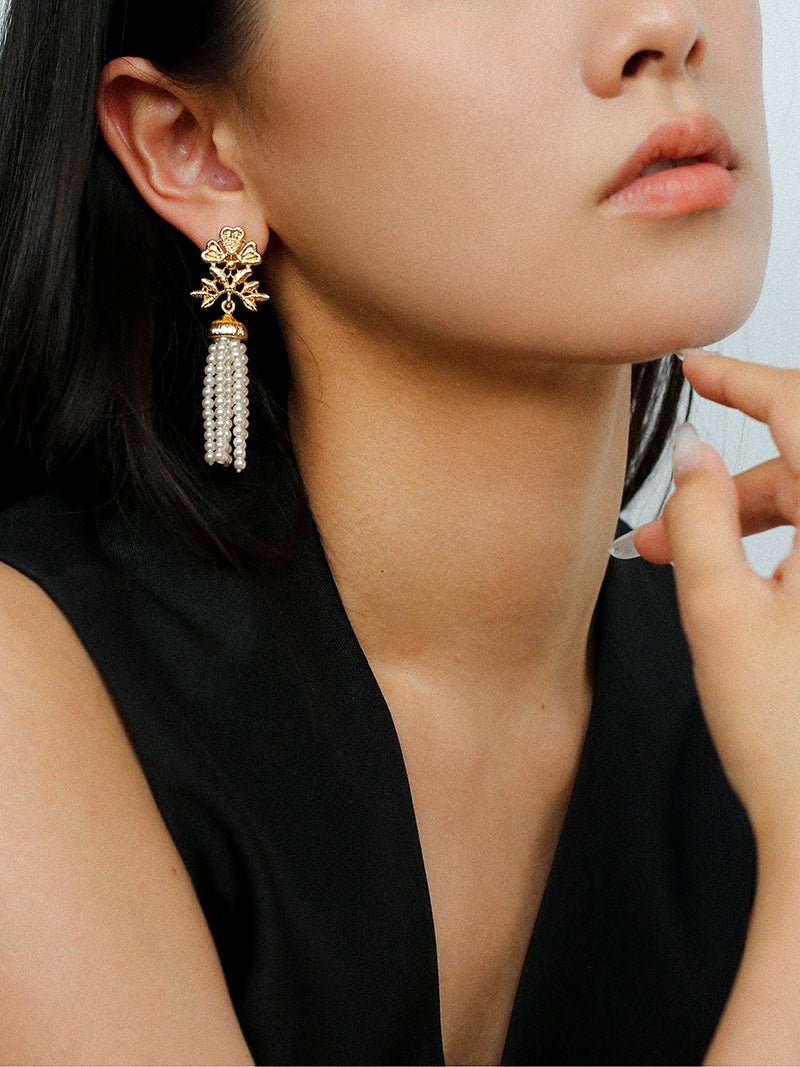 Gold Lace Pearl Tassel Earrings gembea jewelry