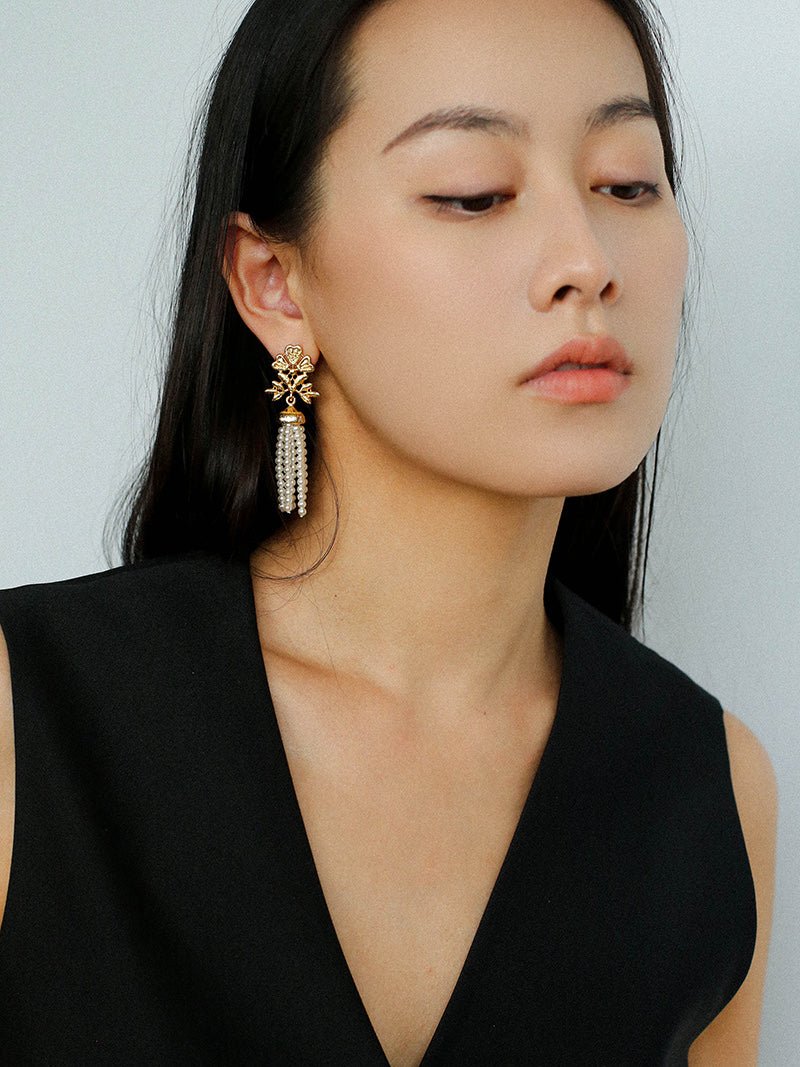 Gold Lace Pearl Tassel Earrings gembea jewelry