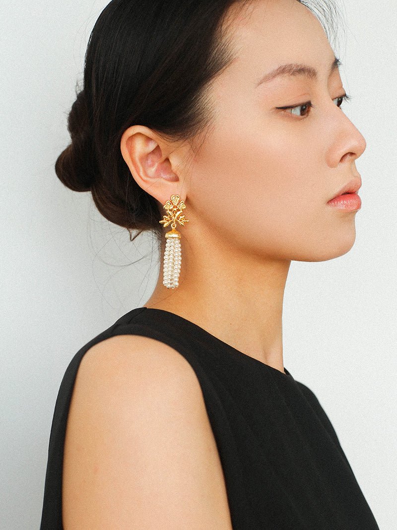 Gold Lace Pearl Tassel Earrings gembea jewelry