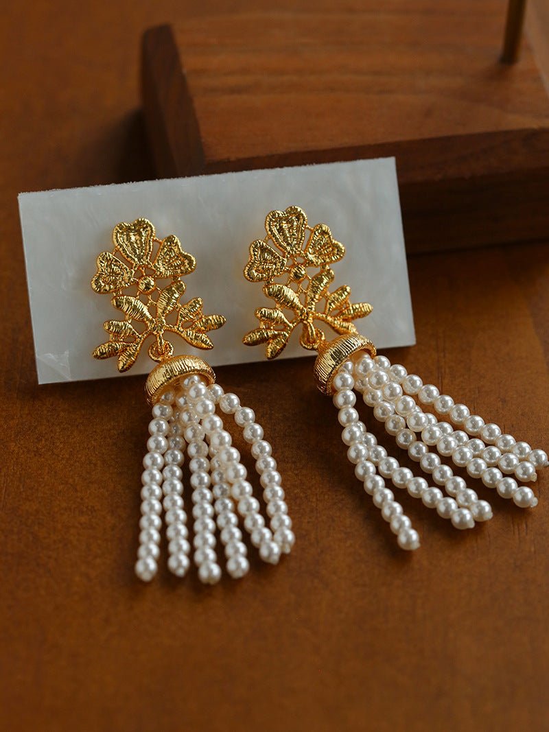 Gold Lace Pearl Tassel Earrings gembea jewelry