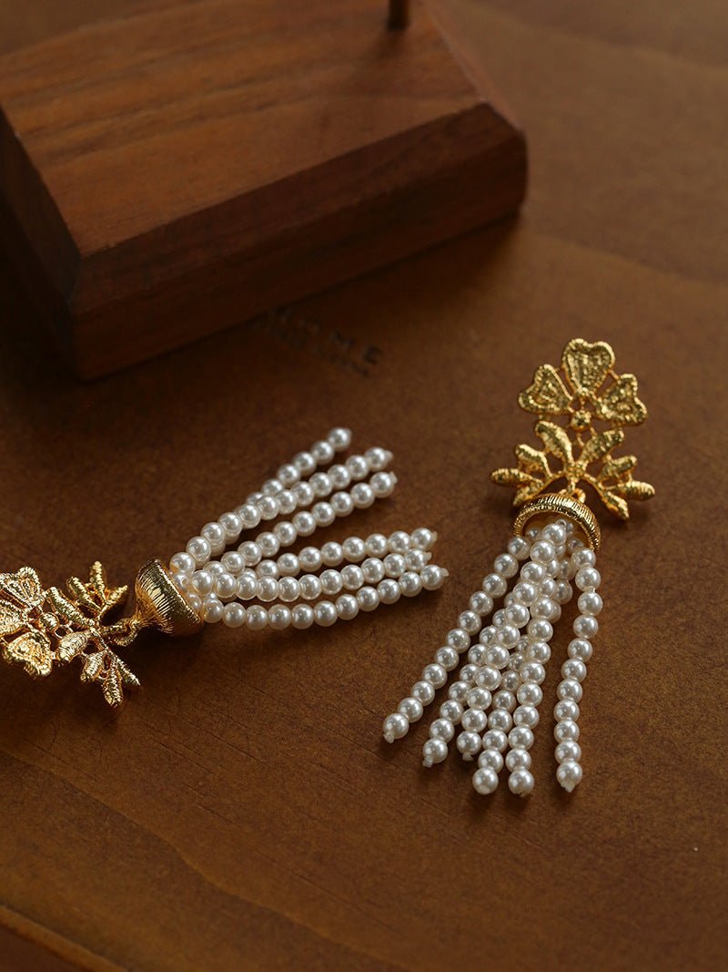 Gold Lace Pearl Tassel Earrings gembea jewelry