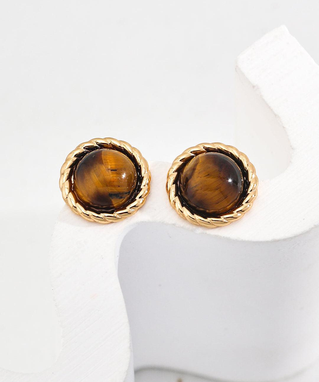 18K Gold Trim Tiger's Eye Earrings - Gembea Jewelry