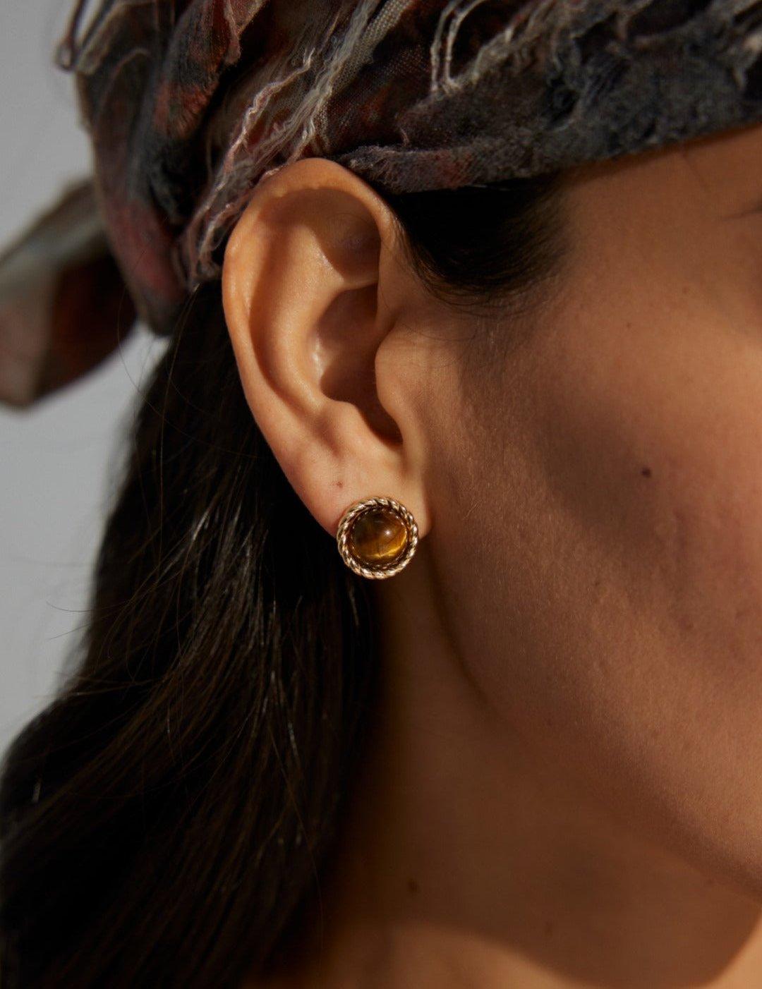 18K Gold Trim Tiger's Eye Earrings - Gembea Jewelry