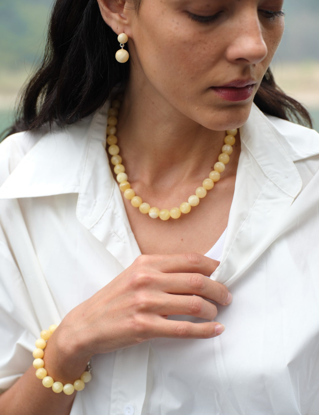 Golden Acorn Yellow Jade Beaded Necklace gembea jewelry