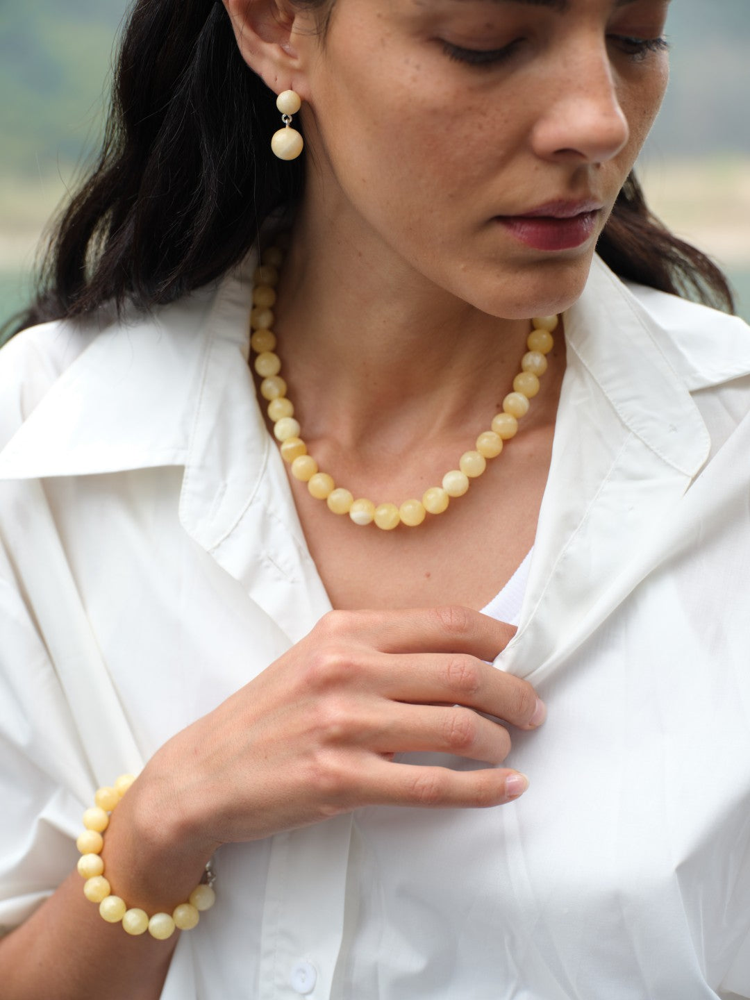 Golden Acorn Yellow Jade Beaded Necklace gembea jewelry
