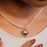 Golden Heart Pendant Pearl Beaded Necklace GEMBEA JEWELRY