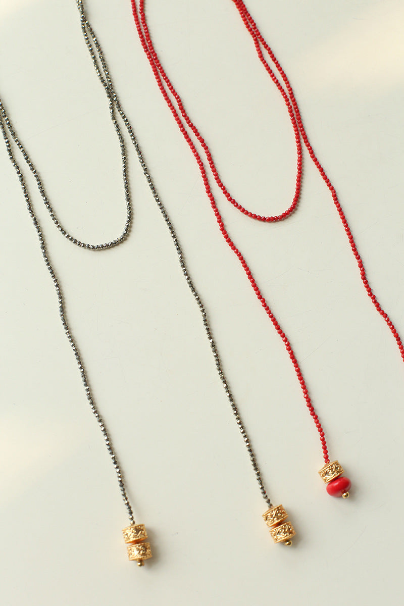 Golden Rotating Wheel Gold Ore Ruby Long Necklace gembea jewelry