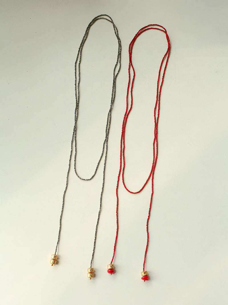 Golden Rotating Wheel Gold Ore Ruby Long Necklace gembea jewelry
