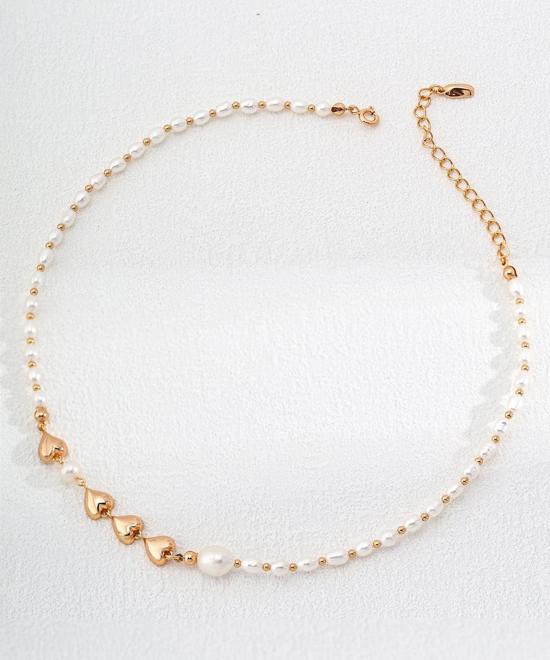 Golden Heart Rice Bead Pearl Necklace - Gembea Jewelry