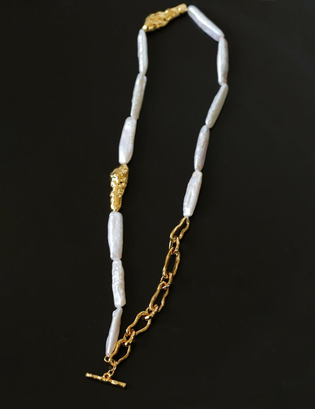 Golden Long Bar Baroque Pearl Necklace gembea jewelry