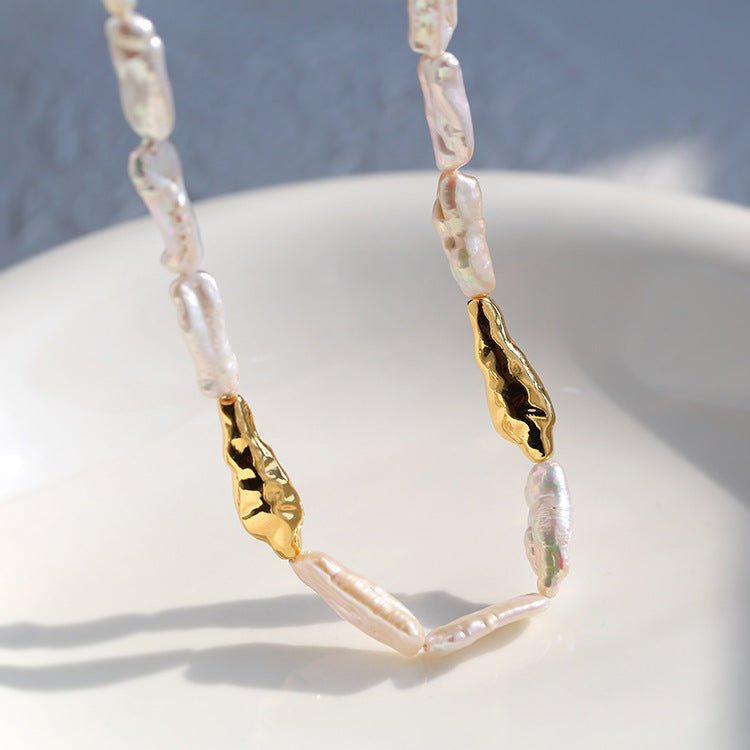 Golden Long Bar Baroque Pearl Necklace gembea jewelry