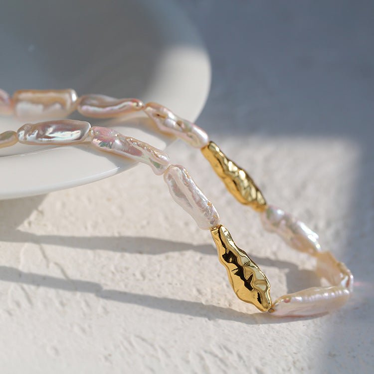 Golden Long Bar Baroque Pearl Necklace gembea jewelry