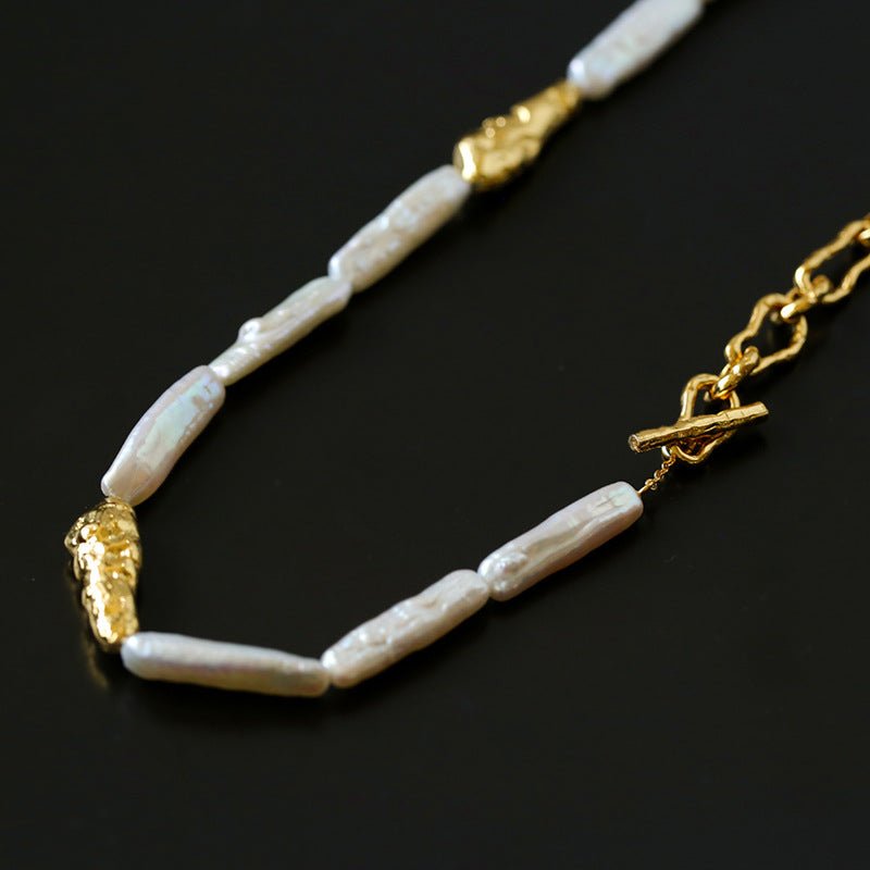 Golden Long Bar Baroque Pearl Necklace gembea jewelry