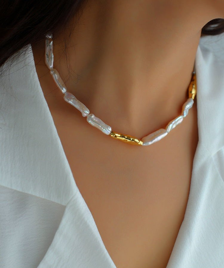 Golden Long Bar Baroque Pearl Necklace gembea jewelry