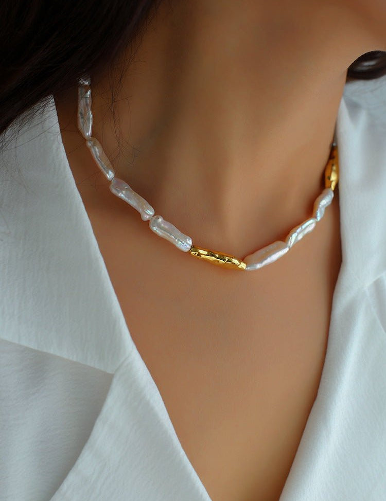 Golden Long Bar Baroque Pearl Necklace gembea jewelry