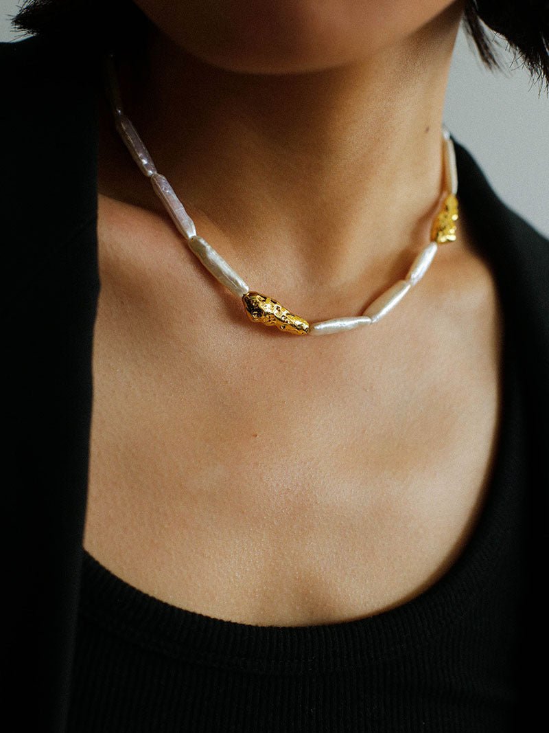 Golden Long Bar Baroque Pearl Necklace gembea jewelry