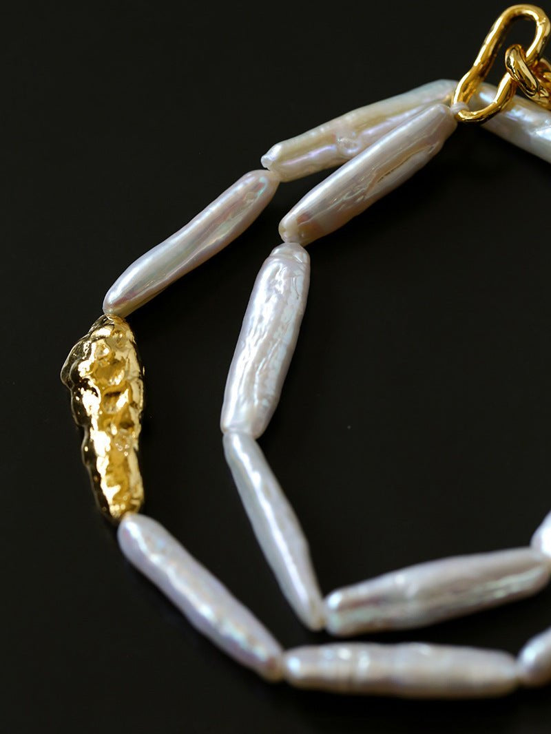 Golden Long Bar Baroque Pearl Necklace gembea jewelry