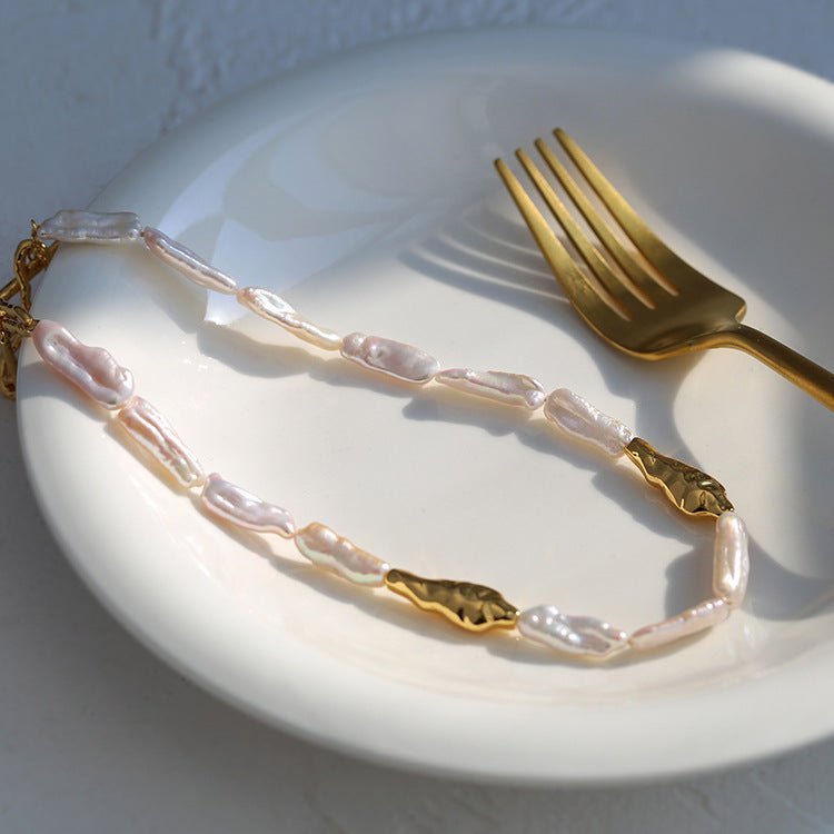 Golden Long Bar Baroque Pearl Necklace gembea jewelry