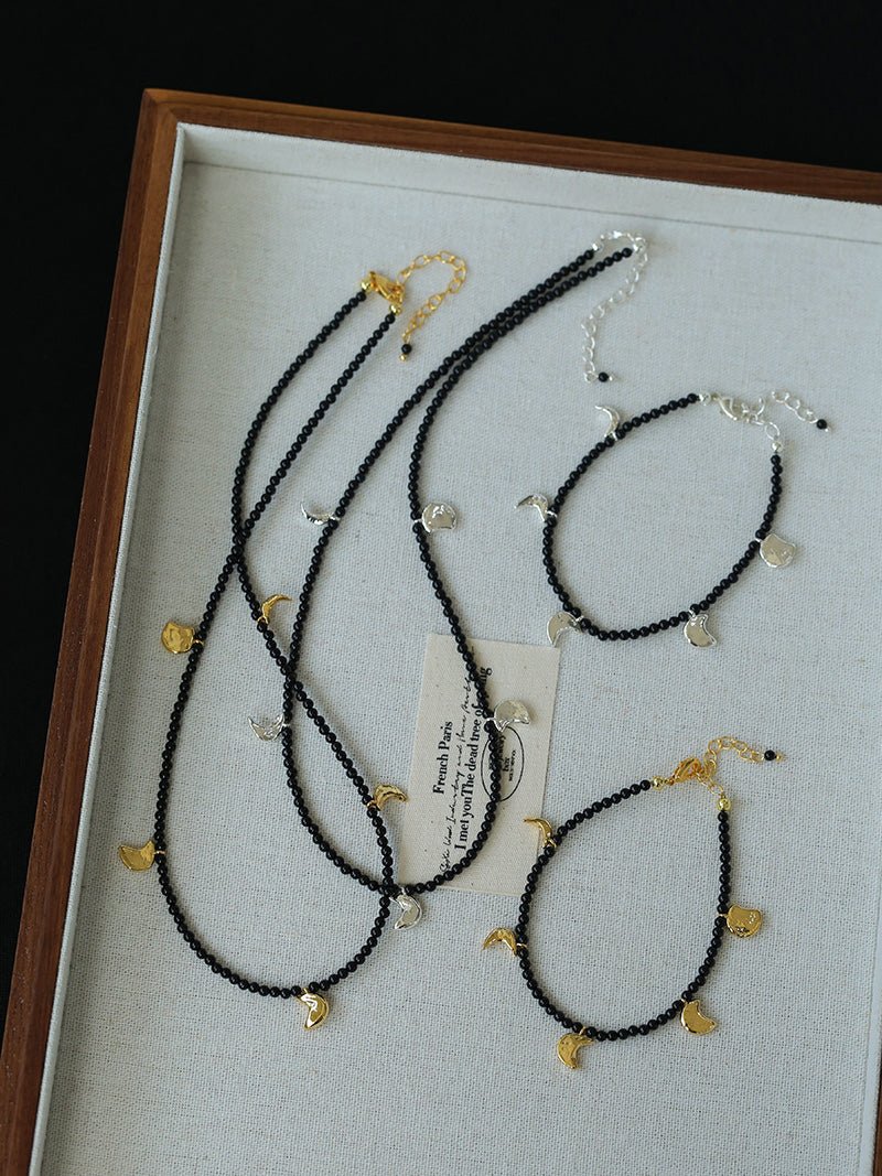 Golden Moon Pendant Black Agate Beaded Necklace gembea jewelry