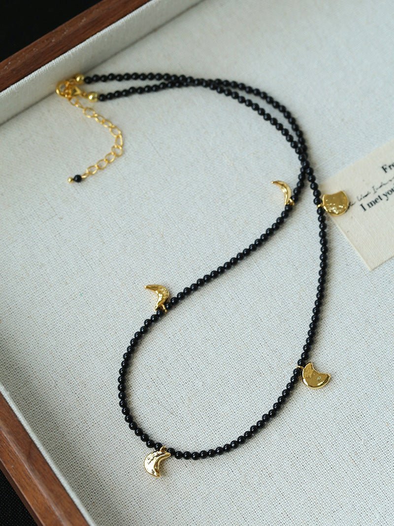 Golden Moon Pendant Black Agate Beaded Necklace gembea jewelry